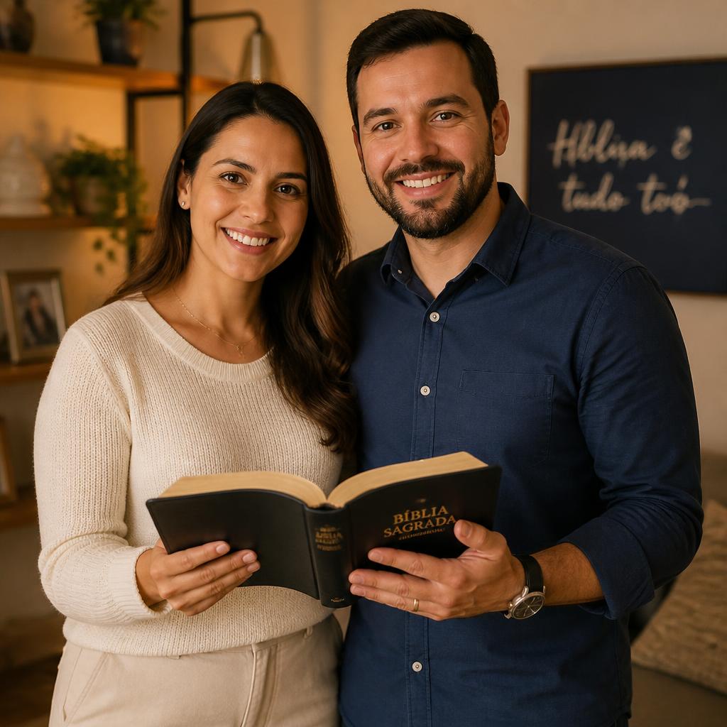 Casal sorrindo enquanto lê a Bíblia juntos