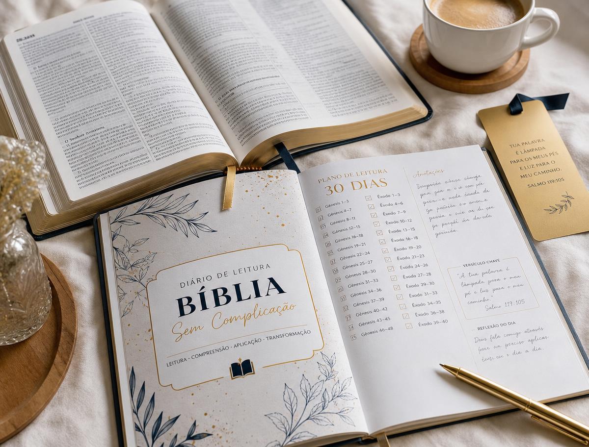 Diário de leitura bíblica de 30 dias aberto junto à Bíblia, café e caneta