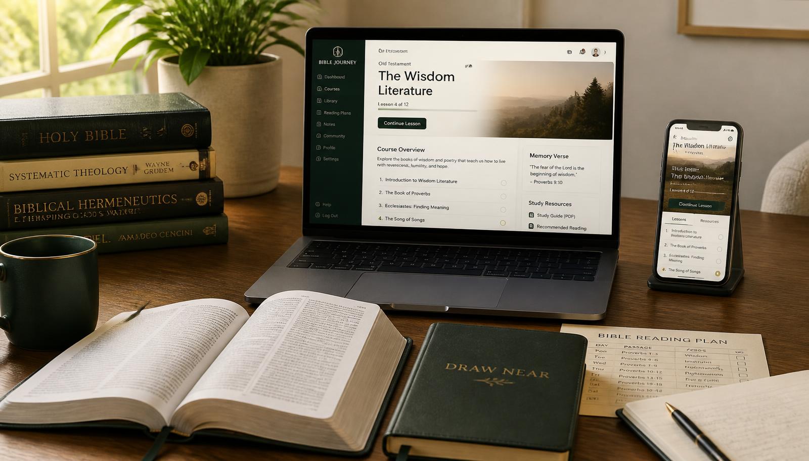 Mesa de estudo com Bíblia aberta, notebook e celular exibindo as aulas do curso, diário espiritual, plano de leitura e caneca